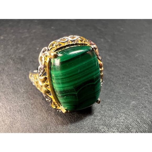 Karis Platinum & 18K Gold Plated Malachite Statement Ring Size 7 - Picture 1 of 16